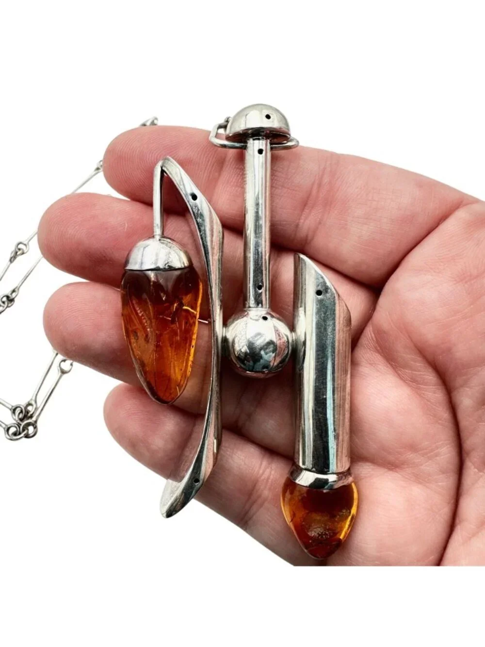 Unusual Rare Vintage Modernist Sterling Silver Amber Necklace 2 Bugs In Amber